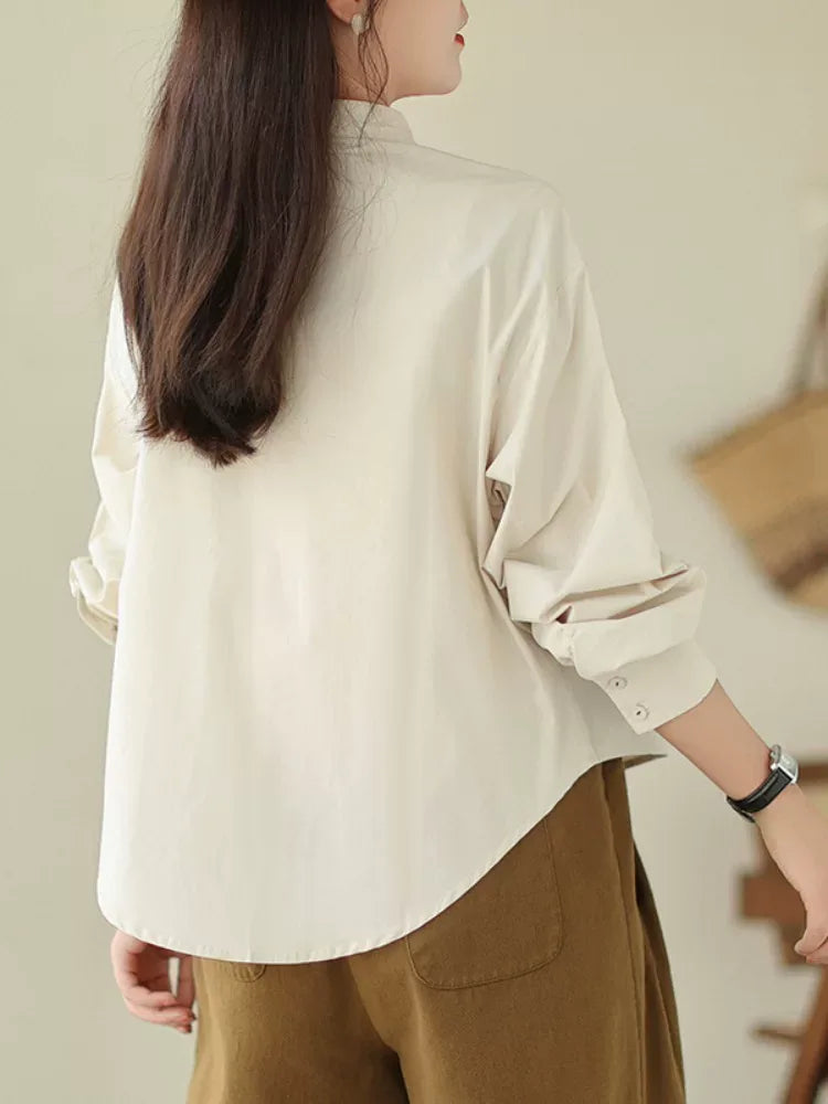 Solid Color Shirt Collar Button Front Patch Pocket Long Sleeve Shirt