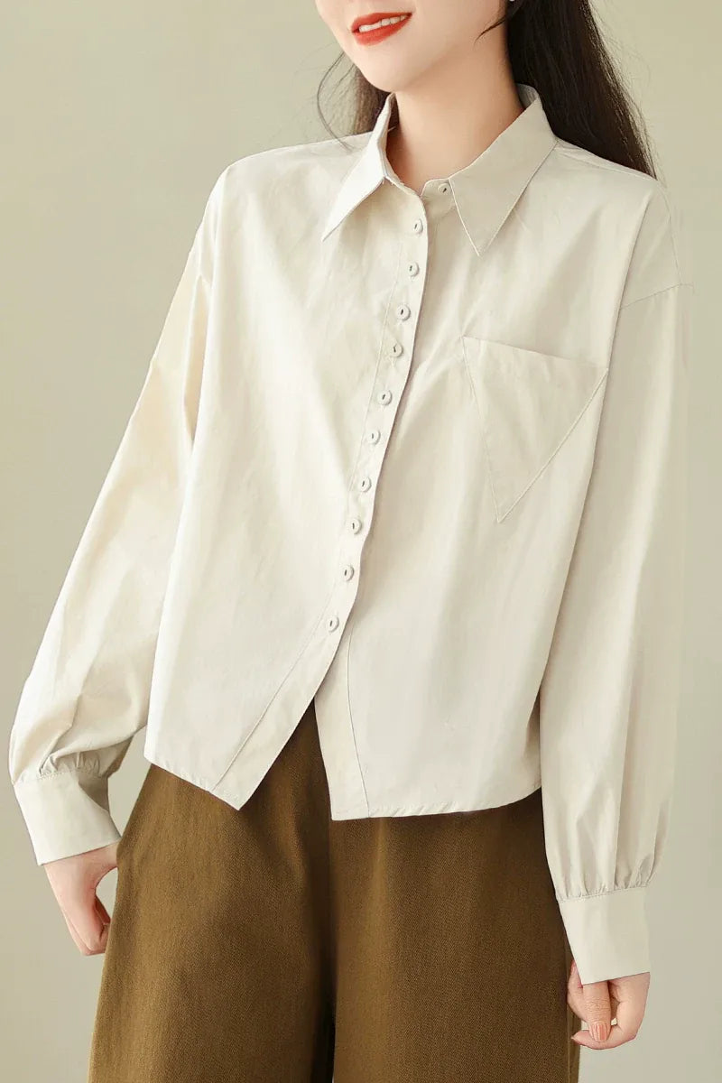 Solid Color Shirt Collar Button Front Patch Pocket Long Sleeve Shirt