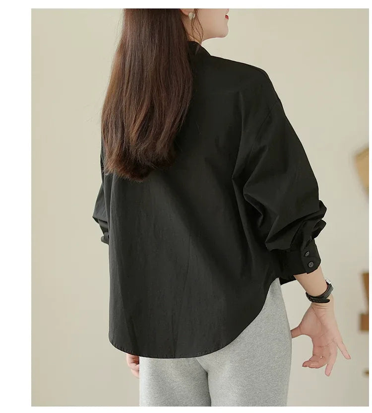 Solid Color Shirt Collar Button Front Patch Pocket Long Sleeve Shirt