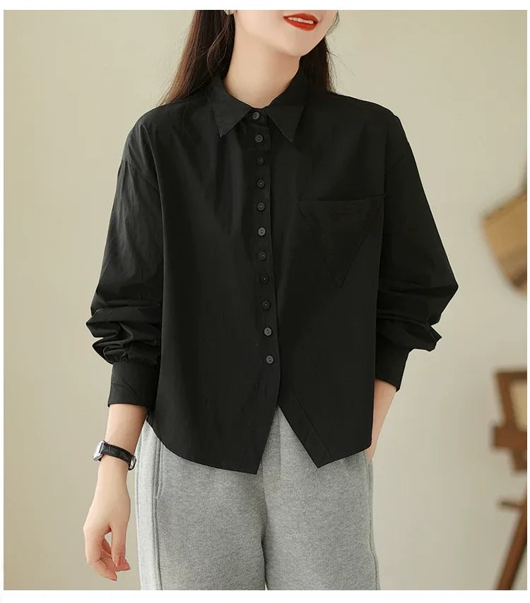 Solid Color Shirt Collar Button Front Patch Pocket Long Sleeve Shirt