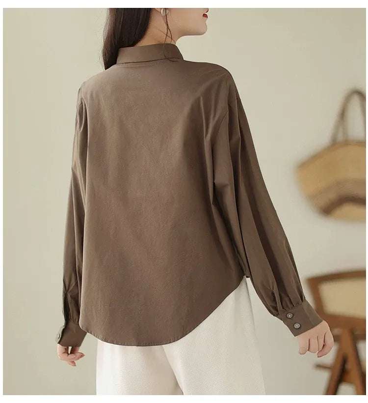 Solid Color Shirt Collar Button Front Patch Pocket Long Sleeve Shirt