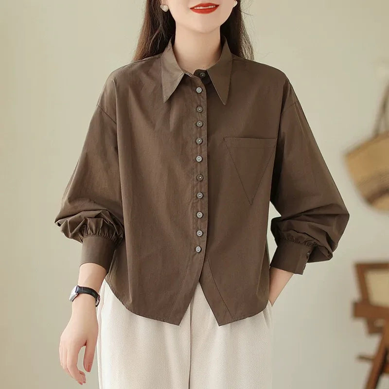Solid Color Shirt Collar Button Front Patch Pocket Long Sleeve Shirt