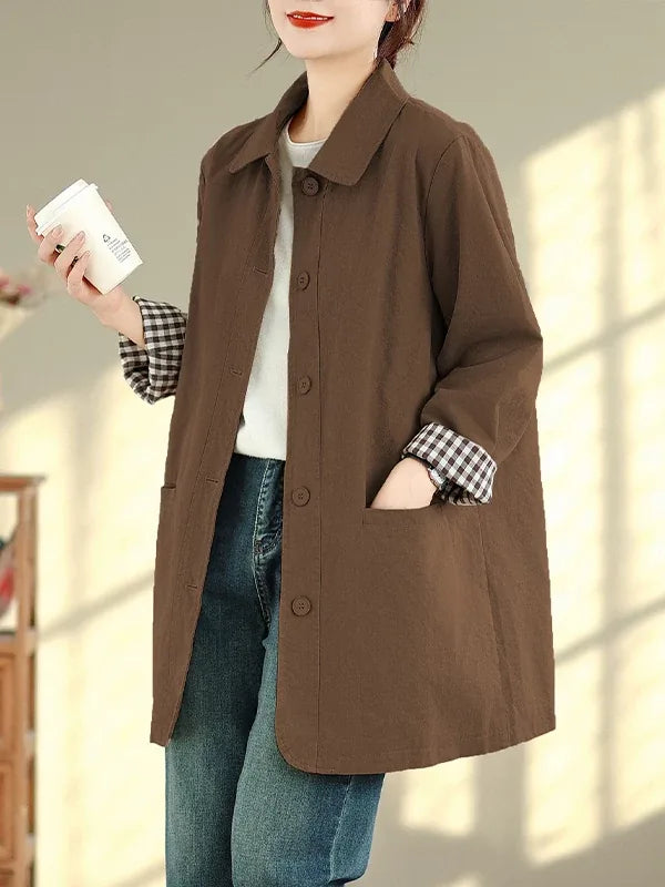 Solid Color Shirt Collar Jacket with Contrast Checkered Lining