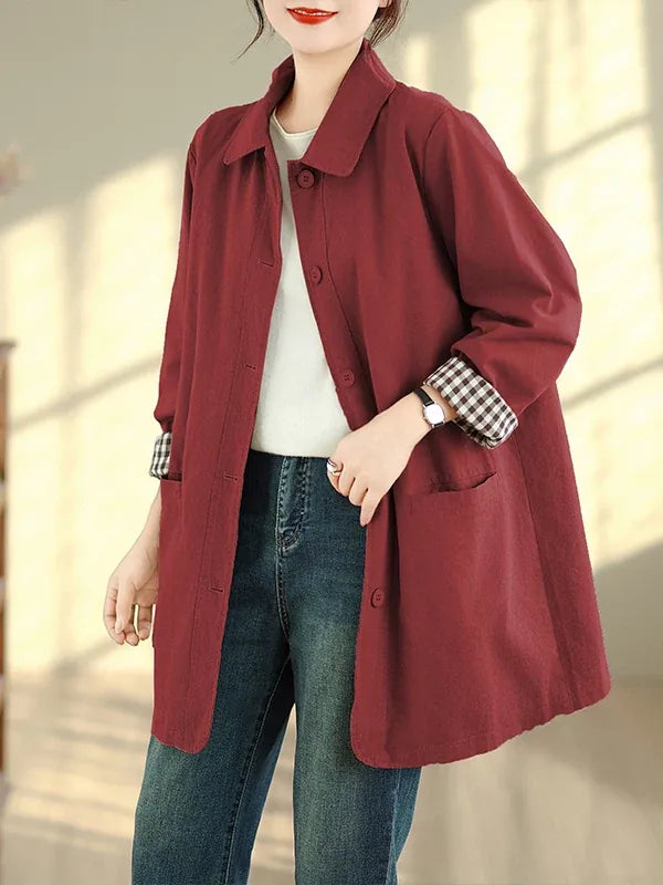 Solid Color Shirt Collar Jacket with Contrast Checkered Lining