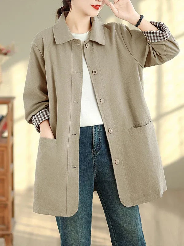 Solid Color Shirt Collar Jacket with Contrast Checkered Lining