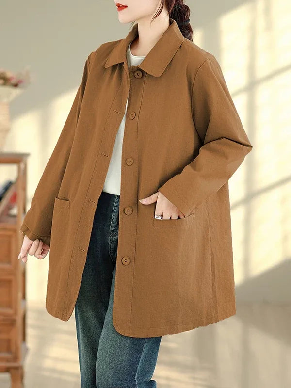 Solid Color Shirt Collar Jacket with Contrast Checkered Lining
