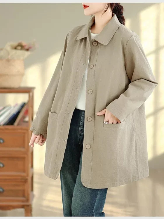 Solid Color Shirt Collar Jacket with Contrast Checkered Lining