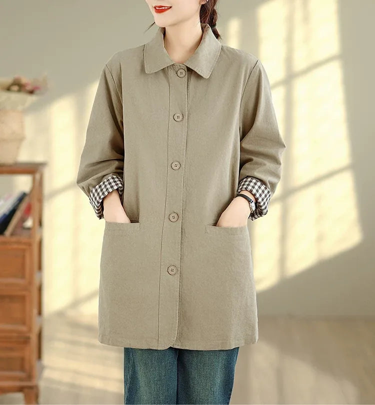 Solid Color Shirt Collar Jacket with Contrast Checkered Lining