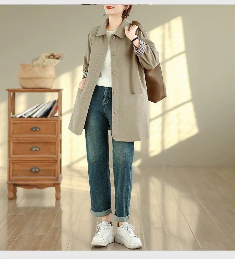 Solid Color Shirt Collar Jacket with Contrast Checkered Lining