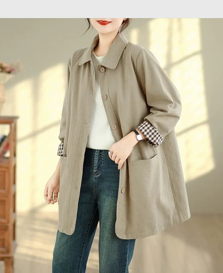 Solid Color Shirt Collar Jacket with Contrast Checkered Lining