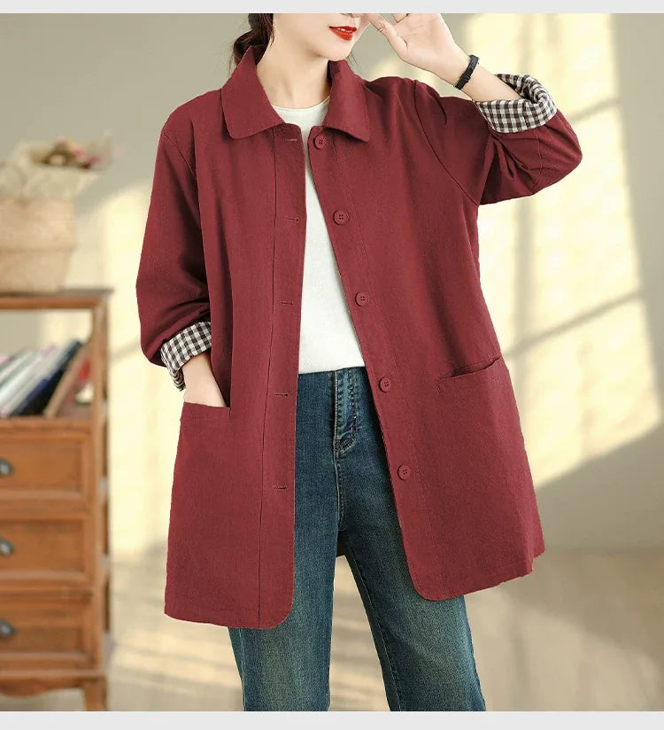 Solid Color Shirt Collar Jacket with Contrast Checkered Lining