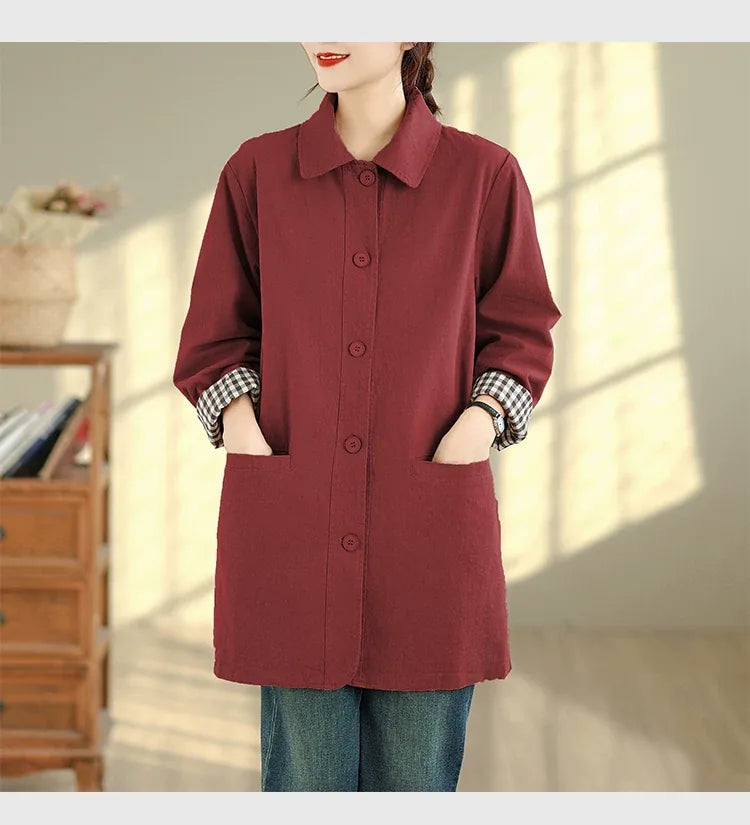 Solid Color Shirt Collar Jacket with Contrast Checkered Lining