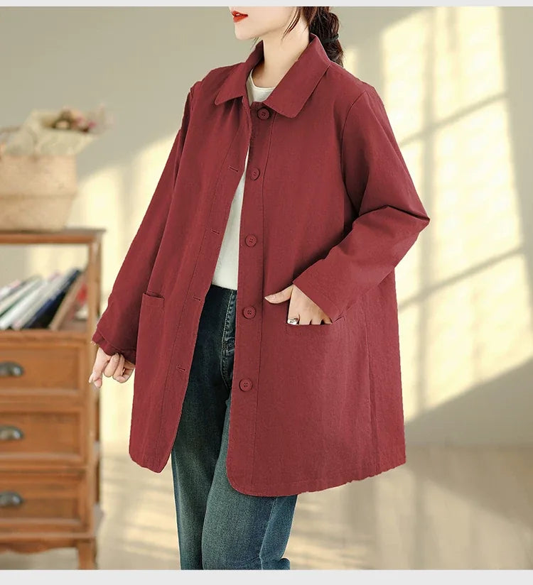 Solid Color Shirt Collar Jacket with Contrast Checkered Lining