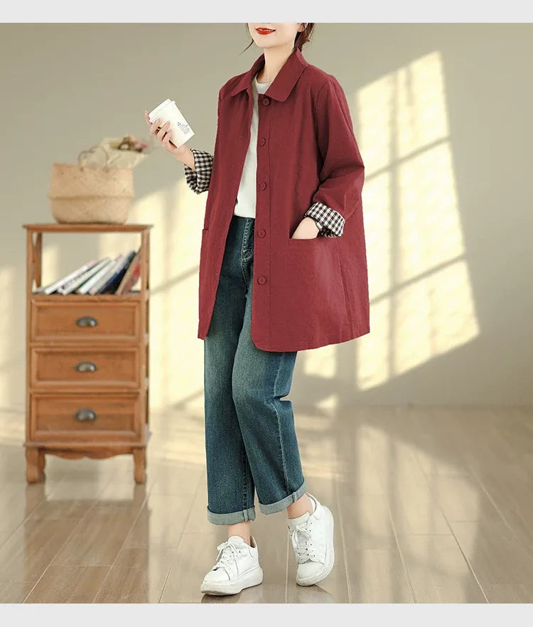 Solid Color Shirt Collar Jacket with Contrast Checkered Lining