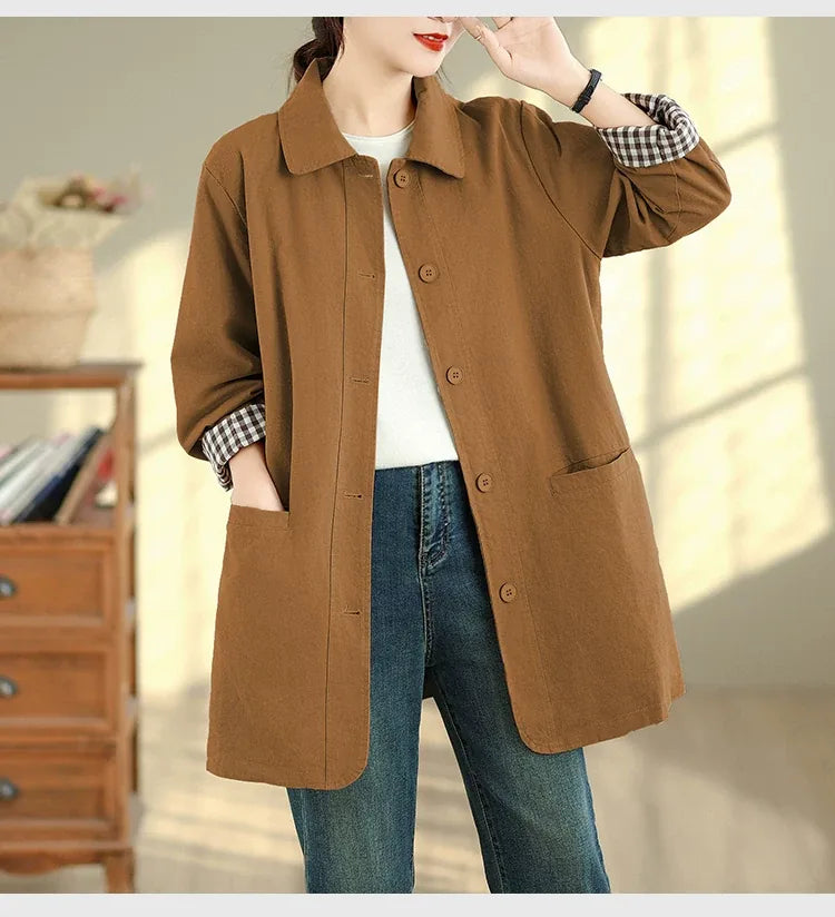 Solid Color Shirt Collar Jacket with Contrast Checkered Lining