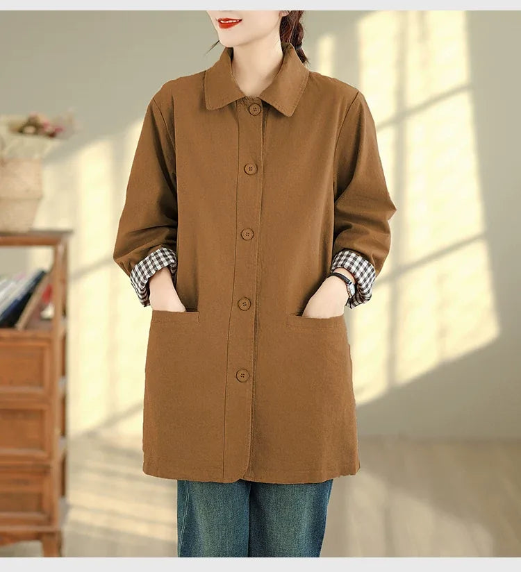 Solid Color Shirt Collar Jacket with Contrast Checkered Lining