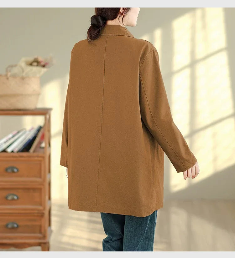 Solid Color Shirt Collar Jacket with Contrast Checkered Lining