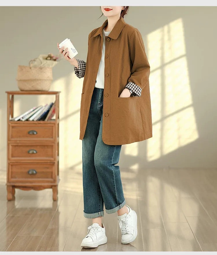 Solid Color Shirt Collar Jacket with Contrast Checkered Lining
