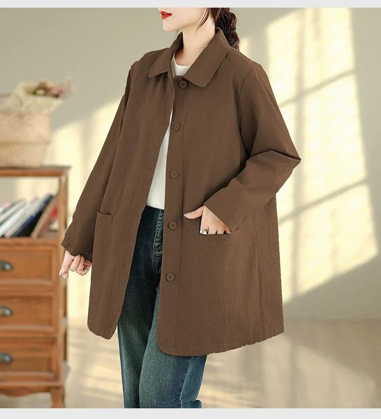 Solid Color Shirt Collar Jacket with Contrast Checkered Lining