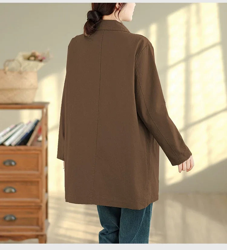 Solid Color Shirt Collar Jacket with Contrast Checkered Lining