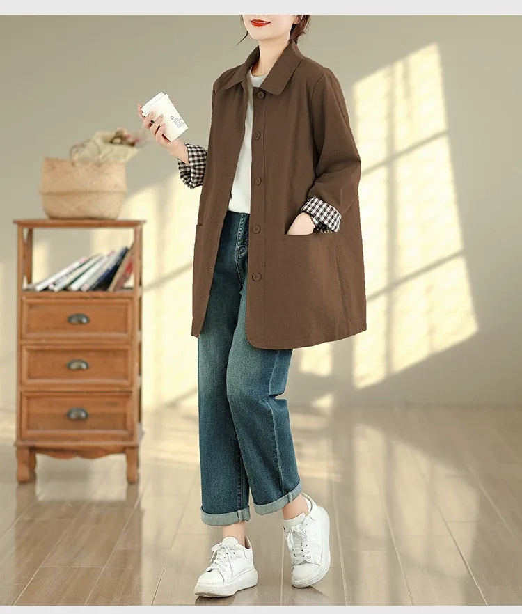 Solid Color Shirt Collar Jacket with Contrast Checkered Lining