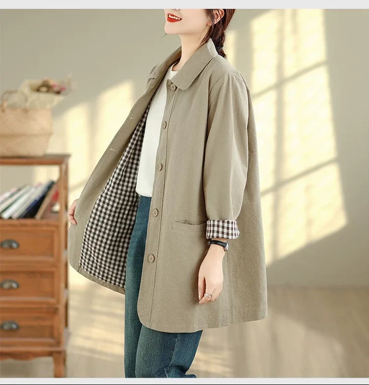 Solid Color Shirt Collar Jacket with Contrast Checkered Lining