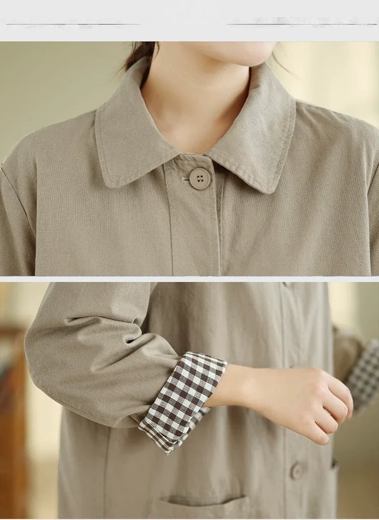 Solid Color Shirt Collar Jacket with Contrast Checkered Lining