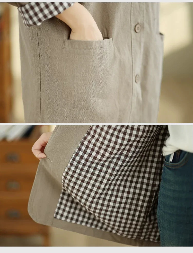 Solid Color Shirt Collar Jacket with Contrast Checkered Lining