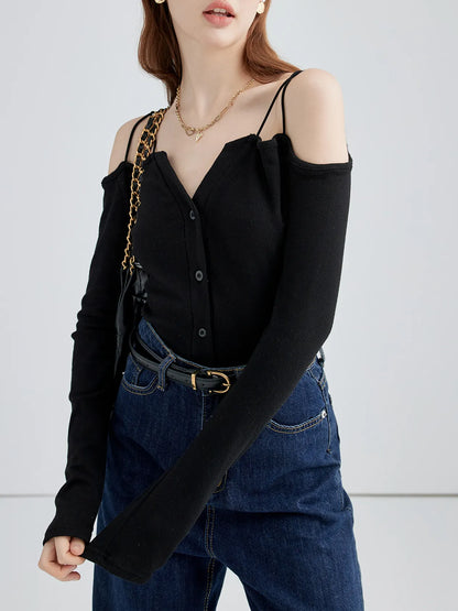 Top ajustado de manga larga con tirantes de color liso