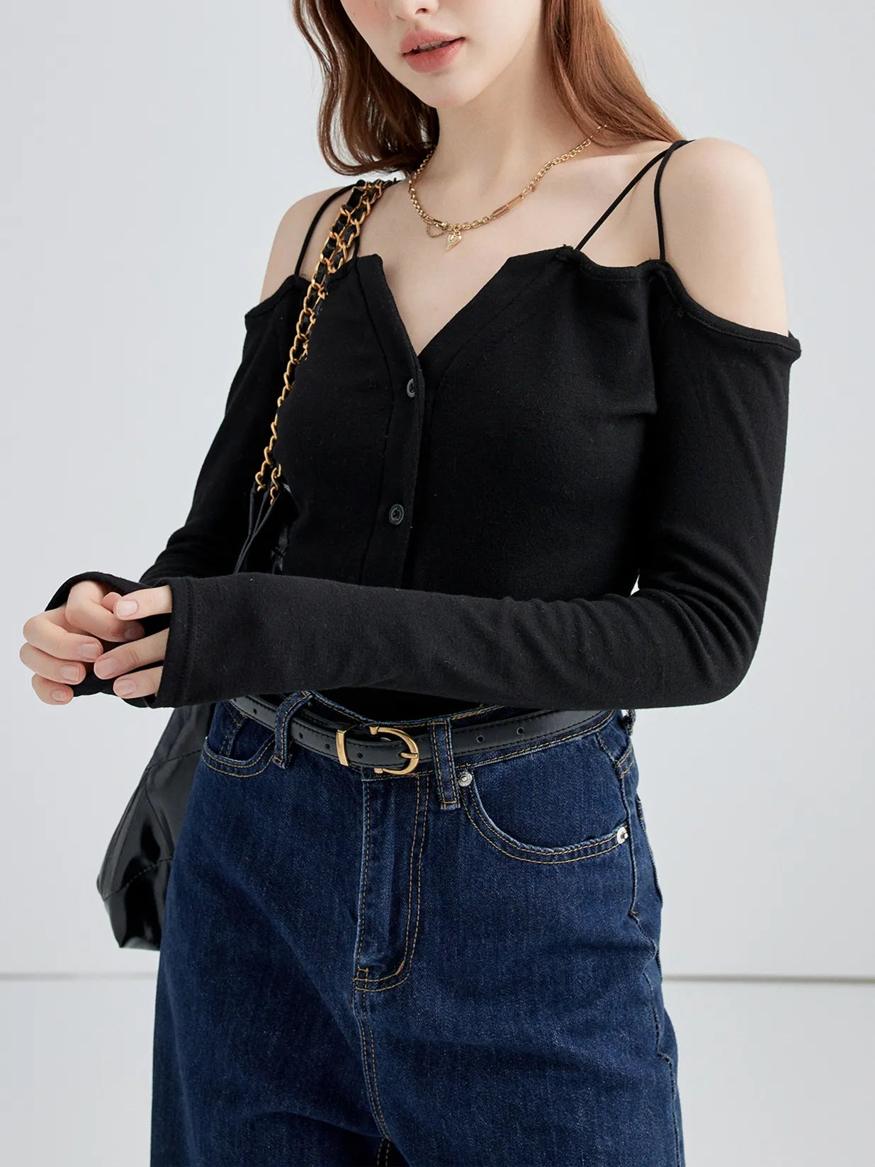 Solid Color Strap Long Sleeve Slim Top