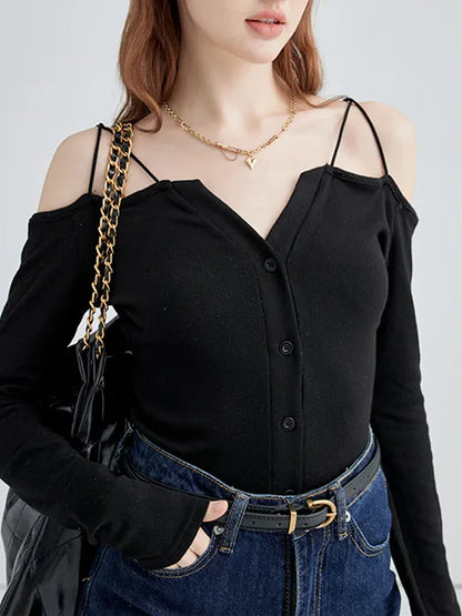 Top ajustado de manga larga con tirantes de color liso