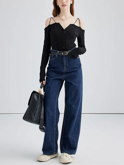 Top ajustado de manga larga con tirantes de color liso