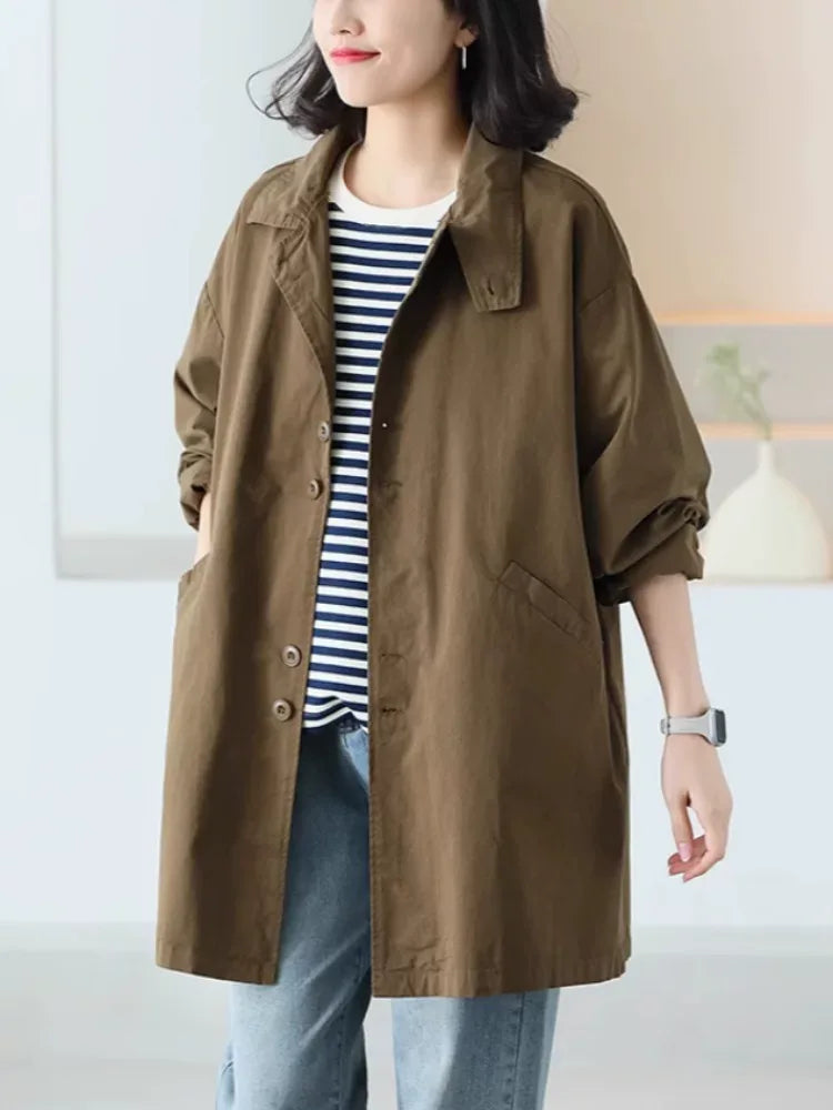 Solid Color Trench-Style Jacket with Patch Pockets