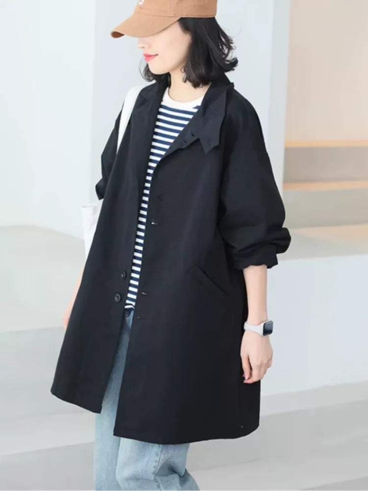Solid Color Trench-Style Jacket with Patch Pockets