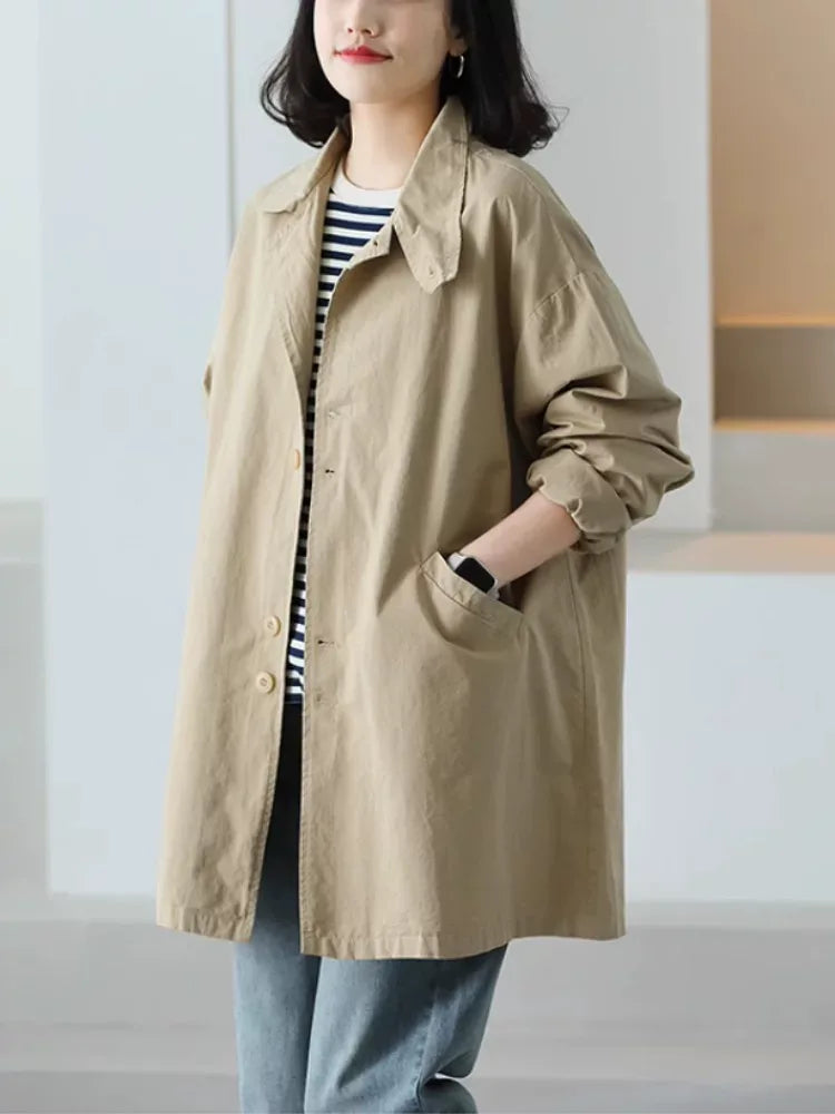 Solid Color Trench-Style Jacket with Patch Pockets