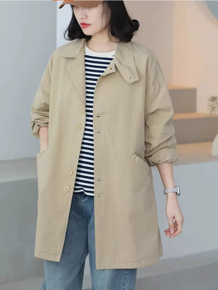 Solid Color Trench-Style Jacket with Patch Pockets