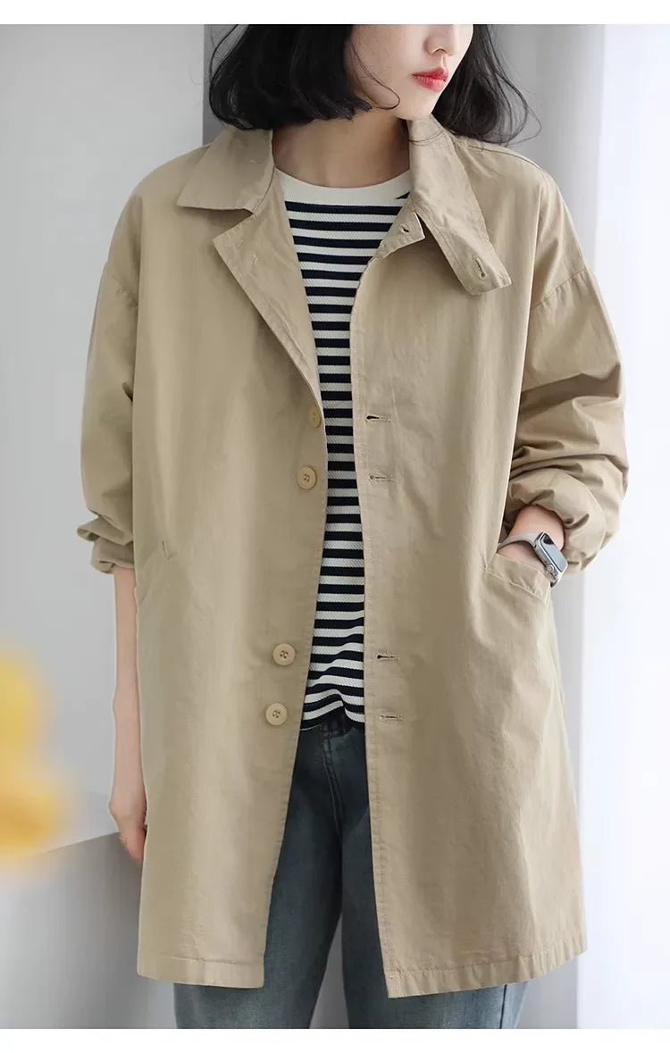 Solid Color Trench-Style Jacket with Patch Pockets