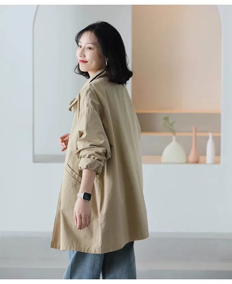 Solid Color Trench-Style Jacket with Patch Pockets