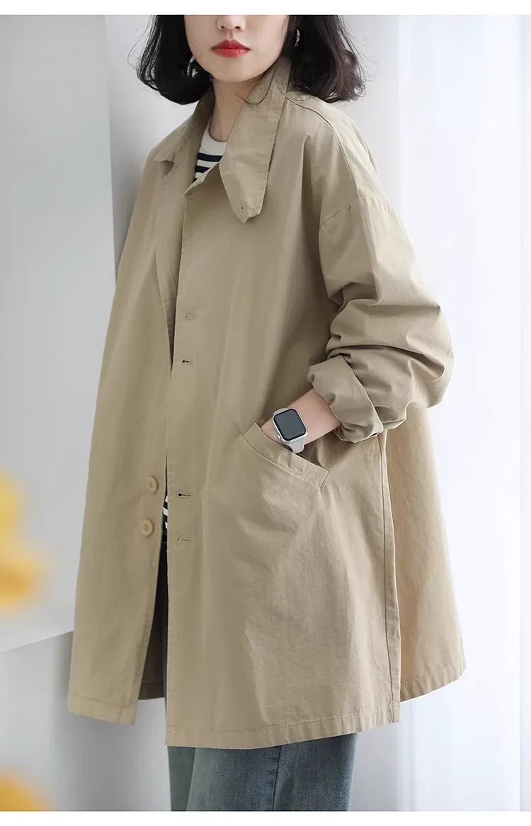 Solid Color Trench-Style Jacket with Patch Pockets