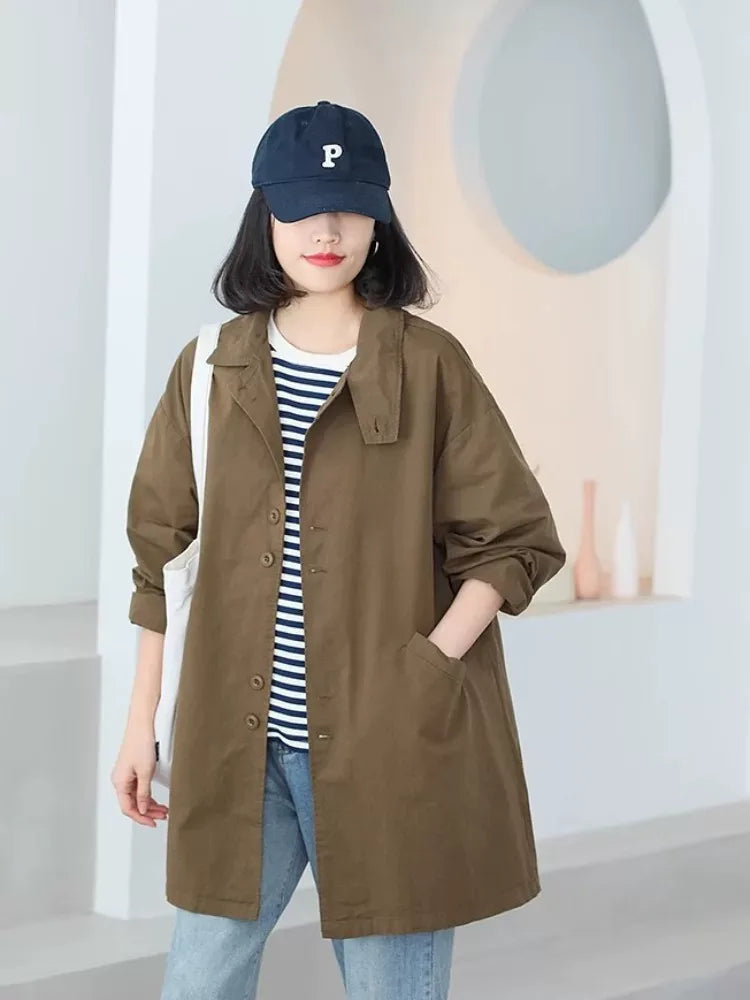 Solid Color Trench-Style Jacket with Patch Pockets