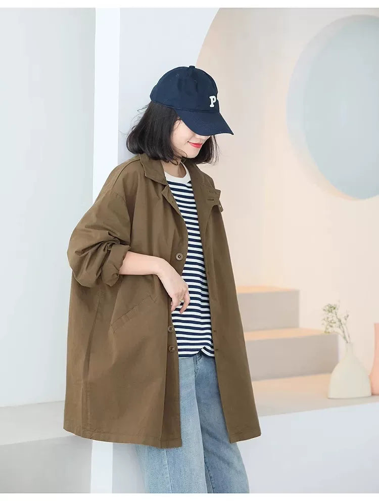 Solid Color Trench-Style Jacket with Patch Pockets