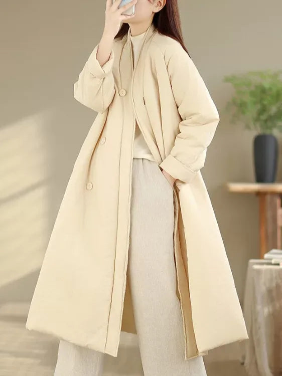 Solid Color V-Neck Asymmetrical Button Padded Coat