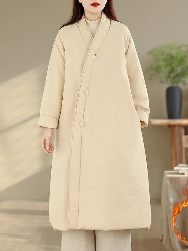 Solid Color V-Neck Asymmetrical Button Padded Coat