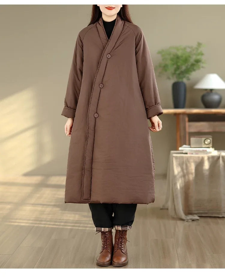 Solid Color V-Neck Asymmetrical Button Padded Coat