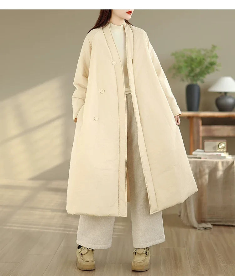 Solid Color V-Neck Asymmetrical Button Padded Coat