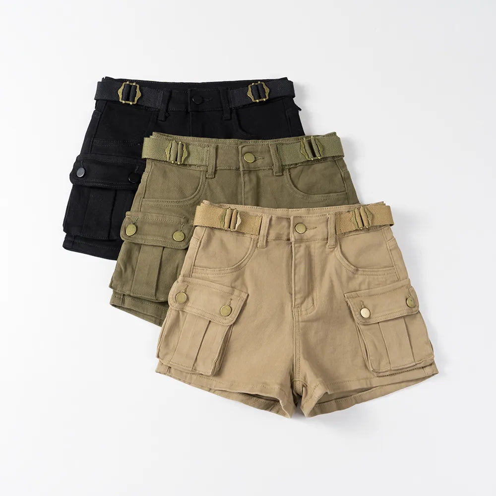 Solid Vintage Pocket Belted Cargo Shorts