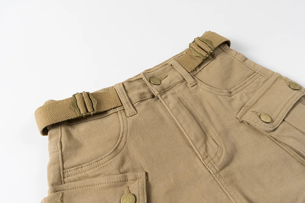 Solid Vintage Pocket Belted Cargo Shorts