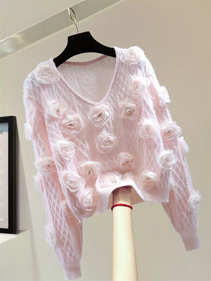 Suéter de punto corto con cuello en V y flores brillantes con detalles de diamantes