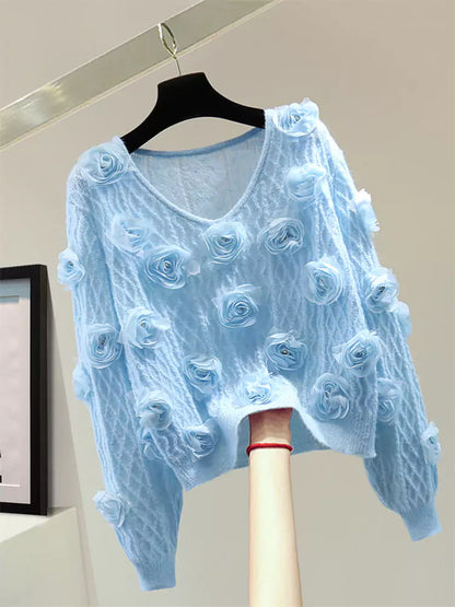 Suéter de punto corto con cuello en V y flores brillantes con detalles de diamantes