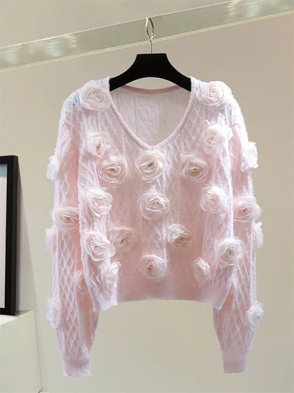 Suéter de punto corto con cuello en V y flores brillantes con detalles de diamantes